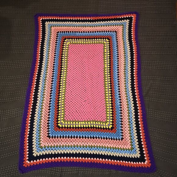 VTG Crochet Colorful Afghan Blanket 79x49in Pink Bed Throw Shell Stitch Handmade - Picture 1 of 10